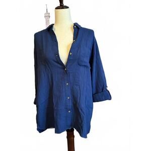 Anne Klein Navy Blue Button Up Shirt Size S